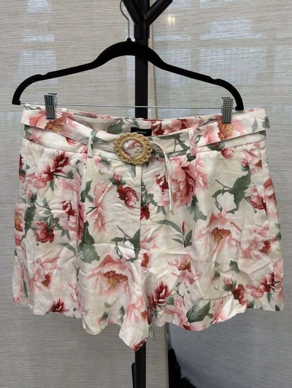 Express High Waisted Floral Linen Blend Belted Shorts with Rattan Buckle